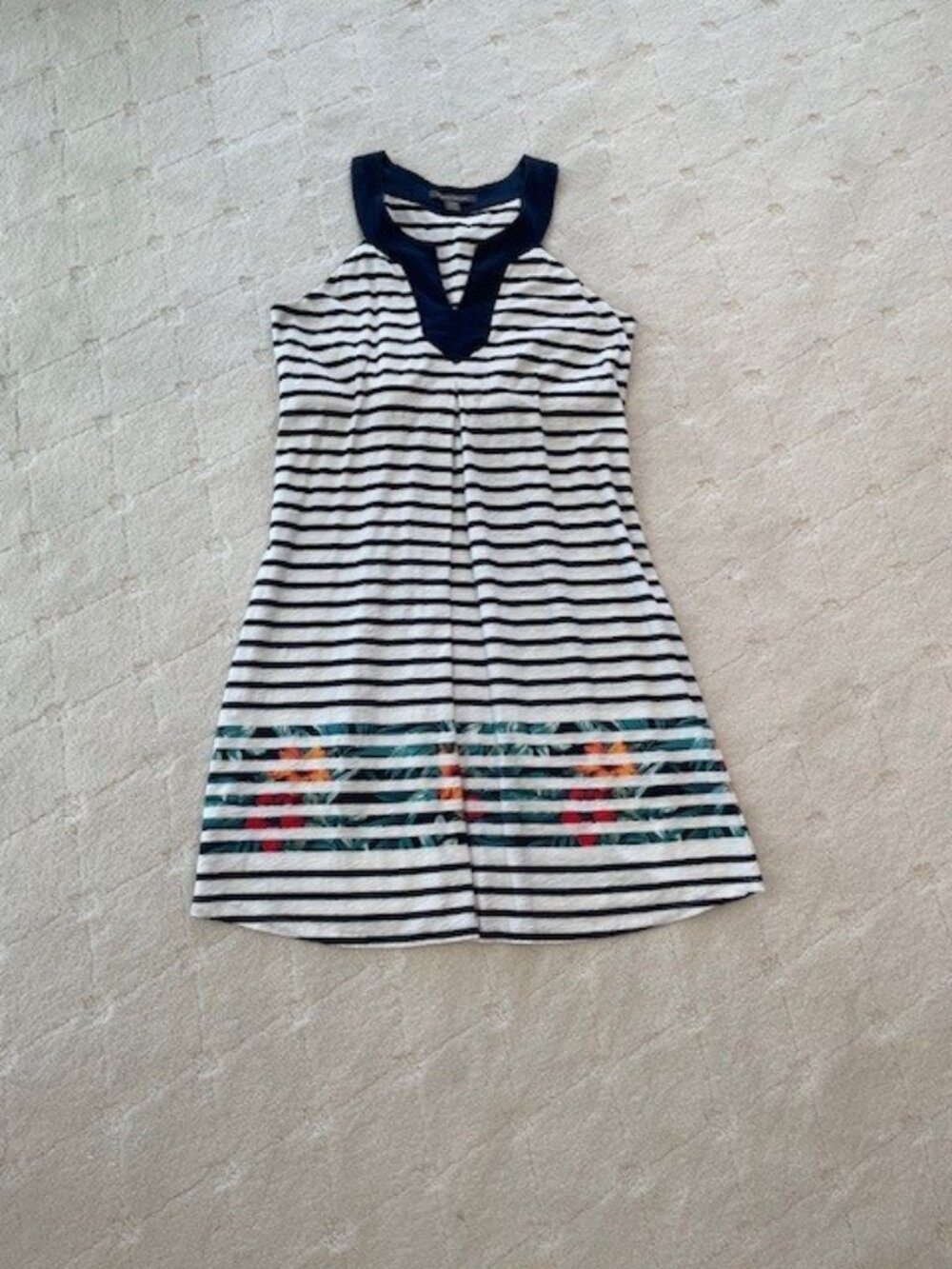 TOMMY BAHAMA Sleeveless Blue White Striped w/Tropical Print Cotton Dress MEDIUM